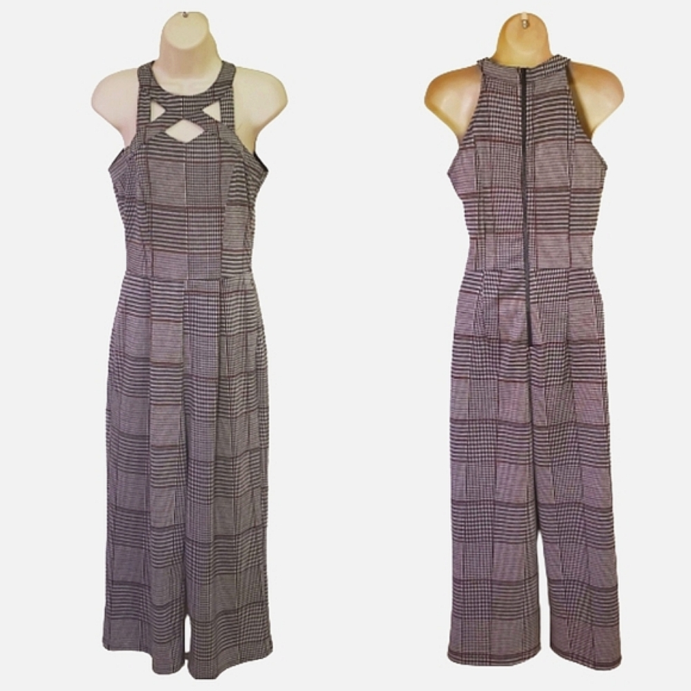 Xtraordinary Grey Multicolor Plaid Sleeveless Jumpsuit, Medium